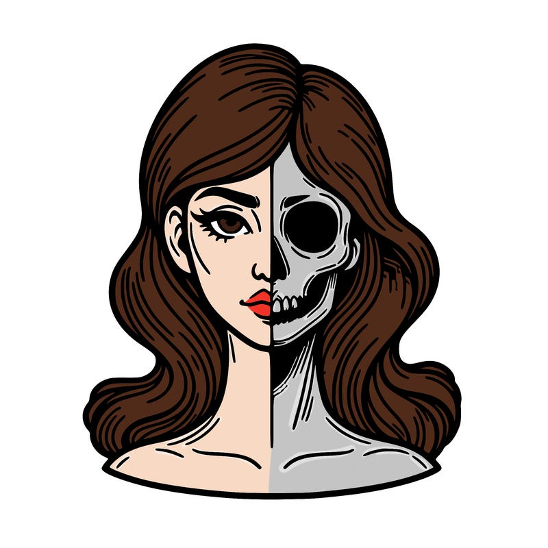 bust of a woman, half face and hair, half skull