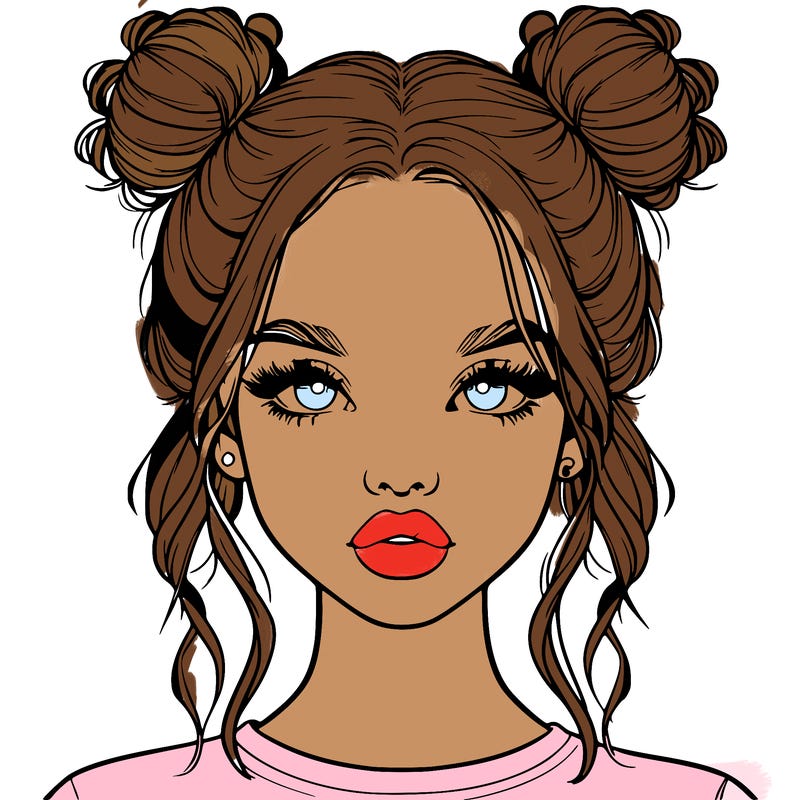 realistic girl with two buns in hair and lips