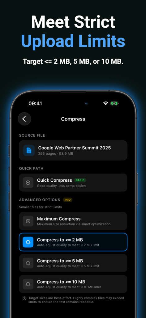 2MB、5MB、または10MBなどの特定のファイルサイズ制限にPDFを圧縮するオプションが表示されているモバイルアプリのインターフェイス