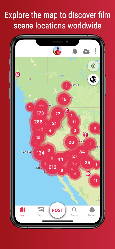 SetJetters: Movie Locations - SetJetters app map interface showing clusters of film scene locations across North America.
