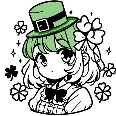 a manga-style girl with clovers around her, a little hat in her hair, like it's saint patrick's day