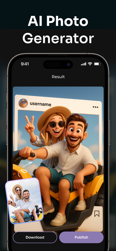 X Art: AI Photo Generator - AI photo generator app showing a 3D cartoon transformation of a couple on an ATV