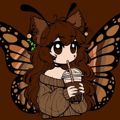 a realistic butterfly/furry girl drinking boba