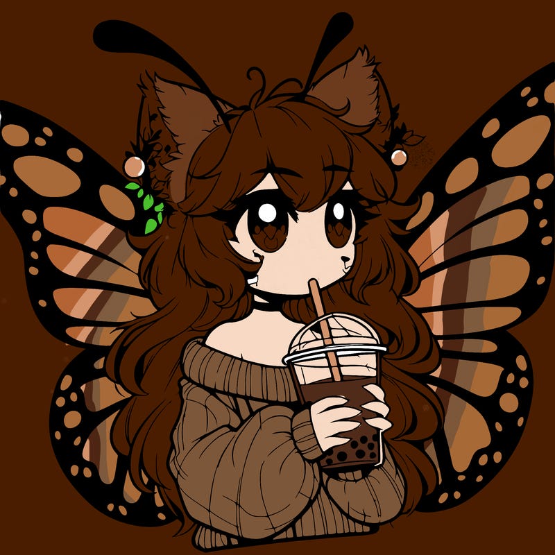 a realistic butterfly/furry girl drinking boba