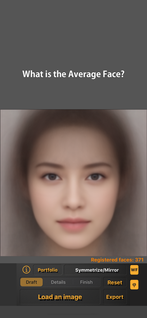 Average Face PRO - Aplicación móvil Average Face PRO mostrando un composite de rostro promedio fusionado con controles de edición