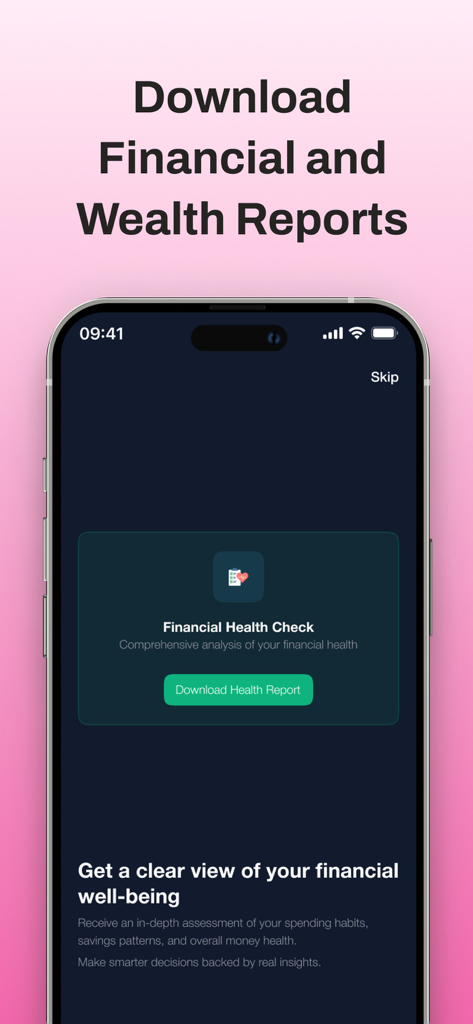 Wealth Tracker App - Wealth Tracker App interface showing financial health check report and download button