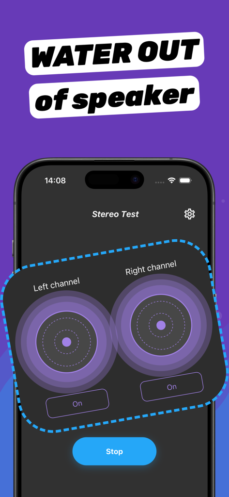 Speaker Fix – Clear Wave - Interfaz de smartphone mostrando una prueba estéreo para ayudar a eliminar agua de los altavoces