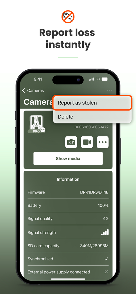 Smartphone screen of the Dorr Cloud app showing the report as stolen feature for a trail camera