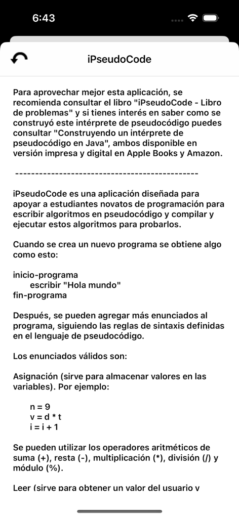 iPseudoCode - for phone - Introduction screen of the iPseudoCode app with instructions in Spanish for beginner programmers.