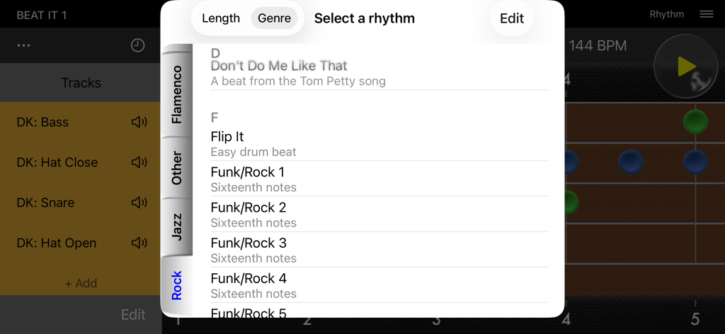 Menú de selección de ritmos de la aplicación Beat Vibe mostrando varios géneros musicales y patrones de batería rock