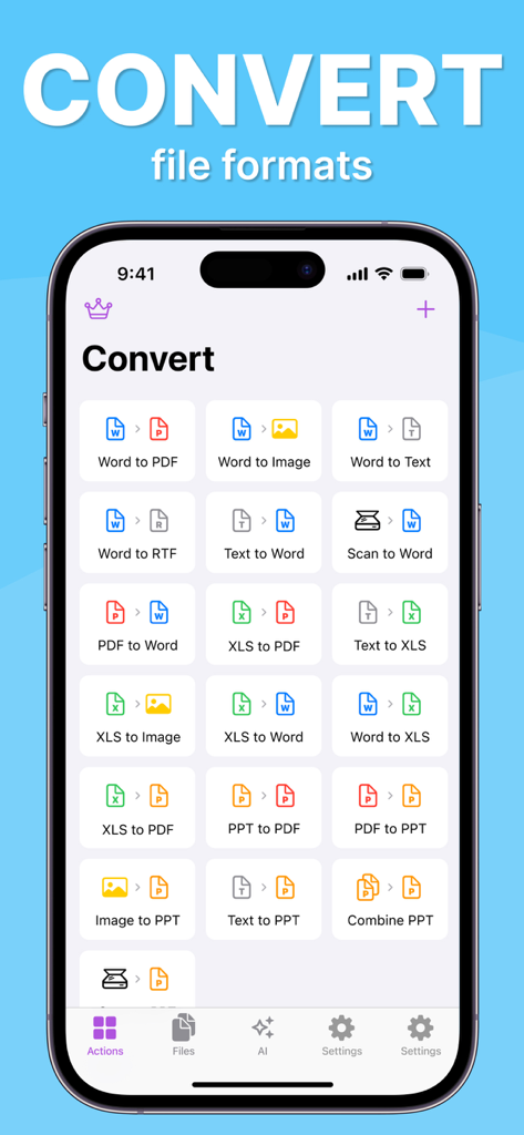 Interfaz de la aplicación Office 7 mostrando varias herramientas de conversión de formatos de archivo como Word a PDF y PDF a Word