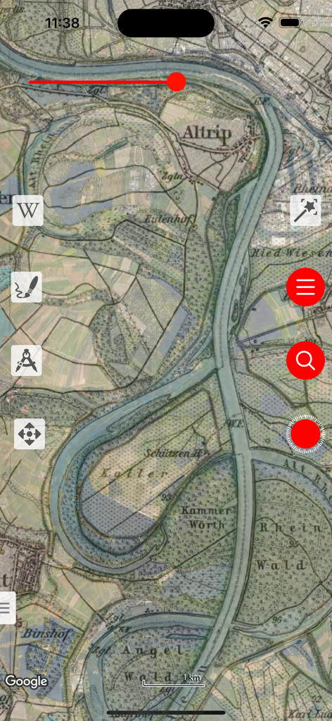 Vetus Maps interface displaying a vintage map overlay with a transparency slider.