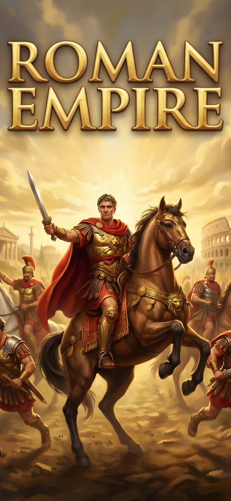 Roman Empire: Strategy Game - Comandante romano liderando legiones a caballo con arquitectura antigua de fondo