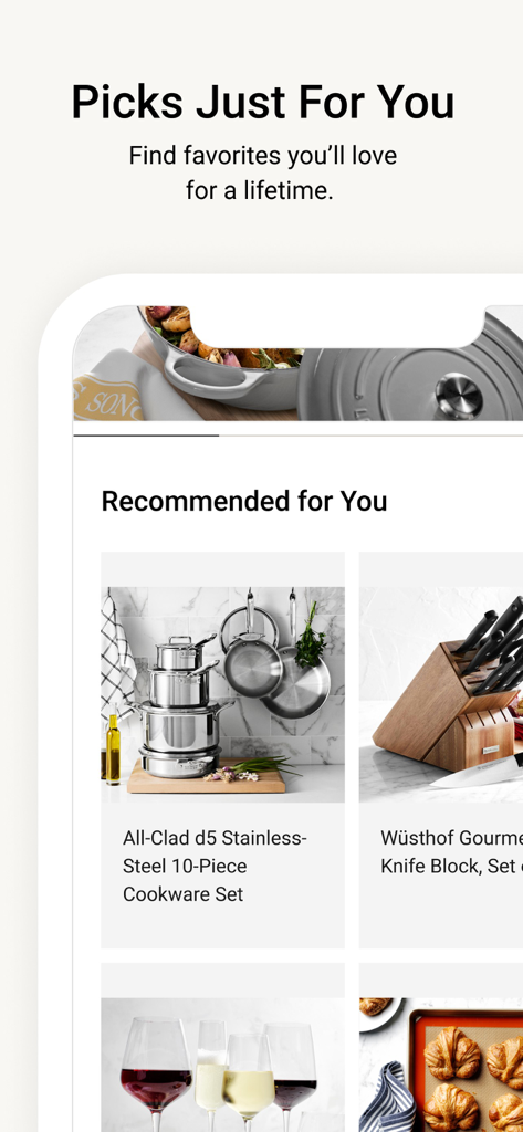 Williams Sonoma - Screenshot of the Williams Sonoma mobile app showing personalized kitchenware recommendations like cookware and knife sets