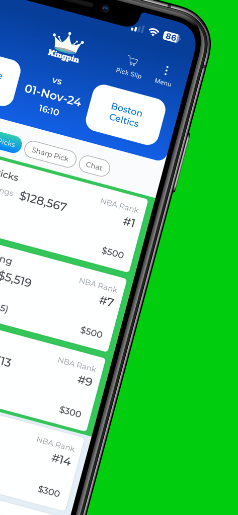 Kingpin Sports Picks app screen showing NBA expert rankings and verified winnings