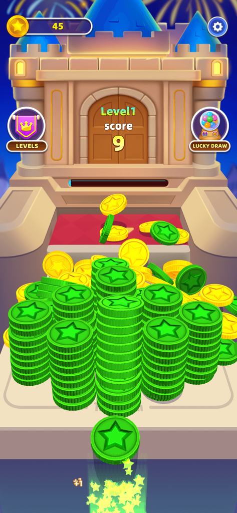 Dozer Night - Lucky Magic - Gameplay screenshot of Dozer Night Lucky Magic showing a large stack of green and yellow coins in front of a magical castle.