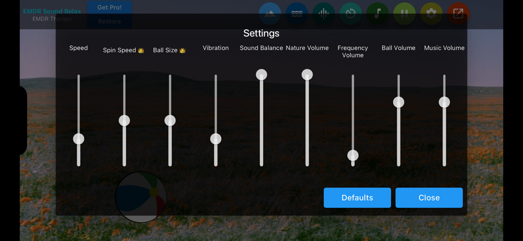 Interface of EMDR Sound Relax app showing settings for sound balance and ball movement.