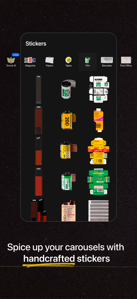 Un menu d'autocollants de film analogique faits à la main, y compris des rouleaux Kodak et Fujifilm, dans l'interface de l'application 17V28.