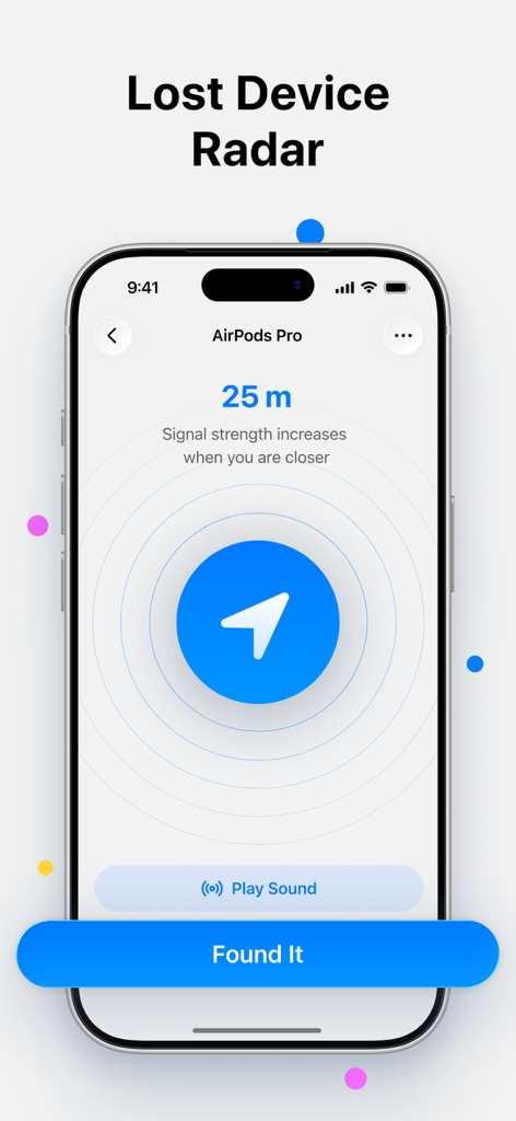 AirFind－ Find My Lost Device - AirFind app showing the radar interface to locate lost AirPods Pro
