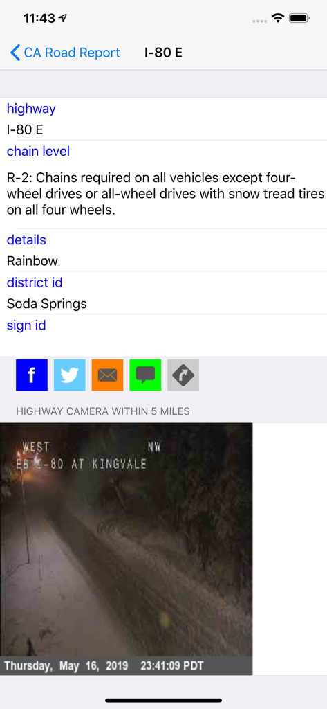 California Road Report - California Road Report app screen displaying I-80 chain control requirements and a live snowy highway camera footage
