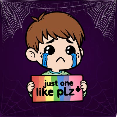 realistic crying boy with a sign saying just one like plz