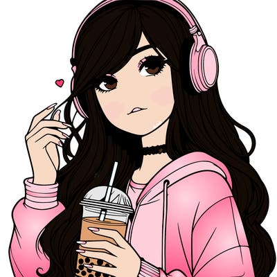 realistic teen girl with long hair and a nose wearing headphones drinking boba tea