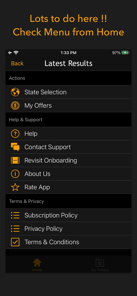 Settings menu screen of the lottery results app showing options for state selection help and privacy policies
