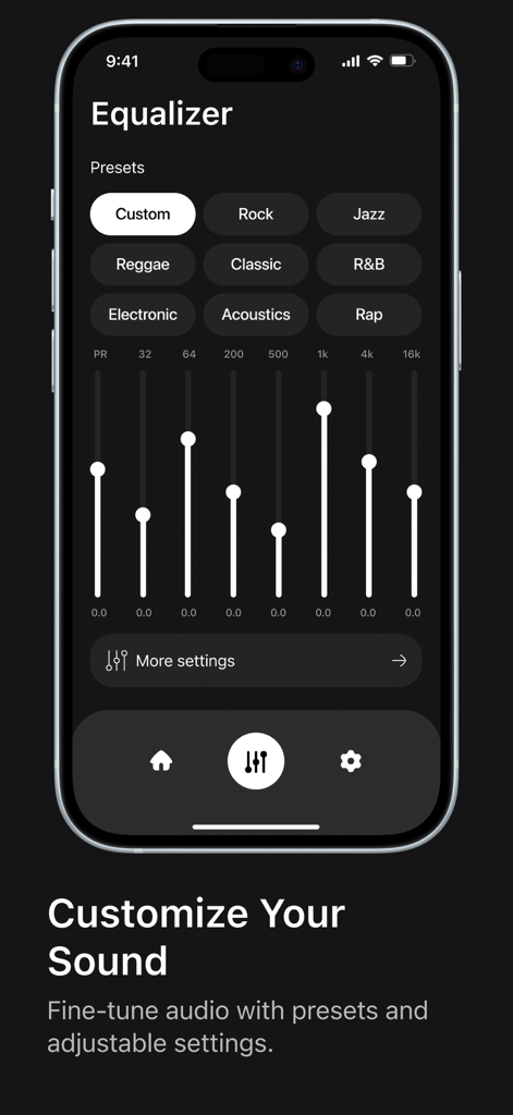 Equalizer: Music Bass Booster. - Mobile App-Oberfläche, die einen Audio-Equalizer mit mehreren Bändern, Frequenzschiebern und Musikgenre-Voreinstellungen zeigt.