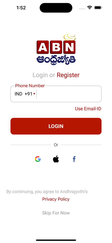 Login and registration screen of the ABN AndhraJyothy Telugu news app showing phone number and social login options.