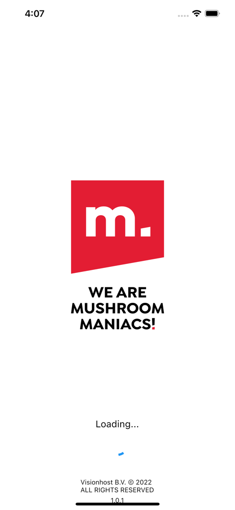 Mitrofresh - Mitrofresh app loading screen with the logo and slogan We are mushroom maniacs