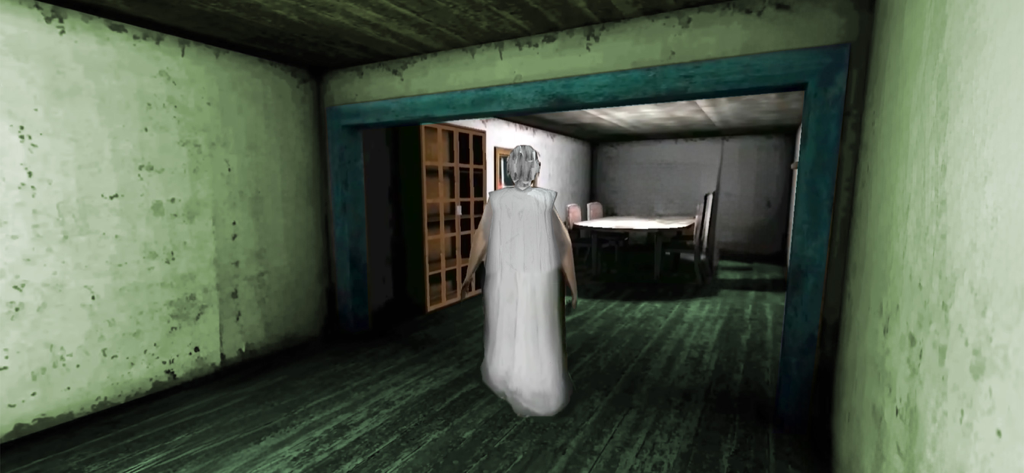 Scary Evil Granny Survival - Gameplay screenshot of the scary granny character in a dark haunted room