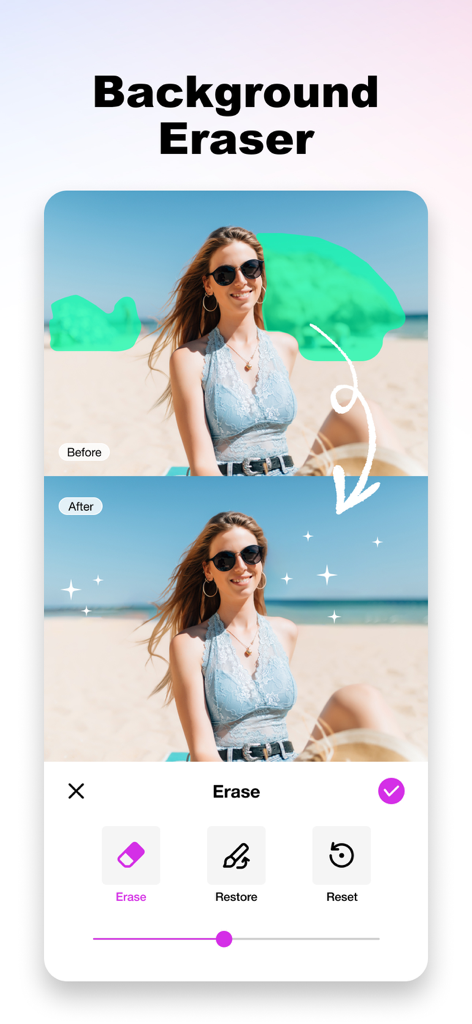 Background Eraser&Photo Editor - Una comparación de antes y después de una foto que se está editando con la herramienta Borrador de Fondos para eliminar elementos de fondo no deseados.