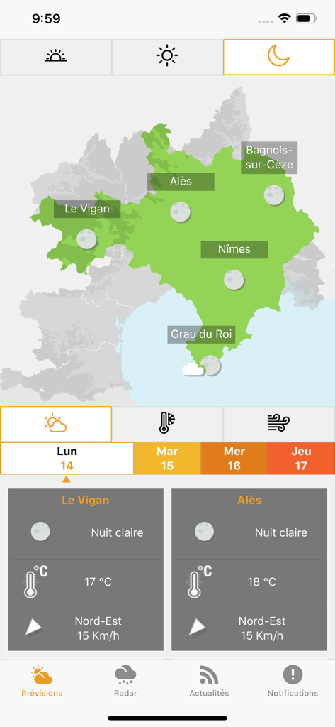 Météo Languedoc - Interface de carte météo de l'application Météo Languedoc affichant les prévisions nocturnes et les températures pour les régions du sud de la France.