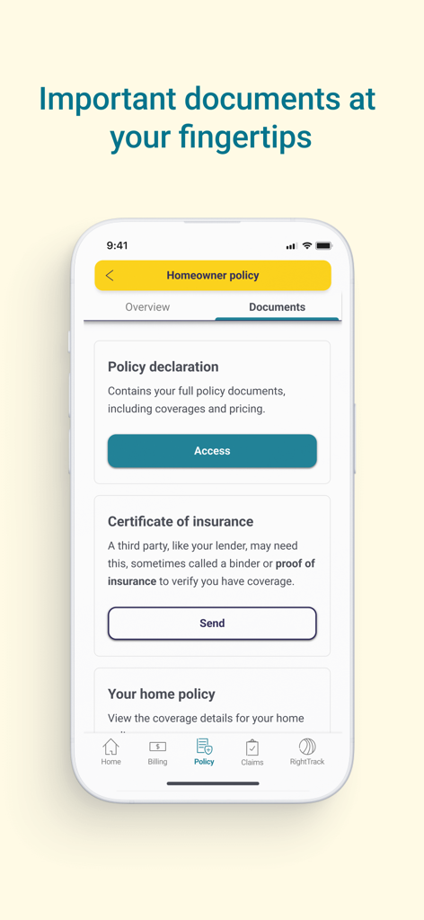 Liberty Mutual Mobile app screenshot showing homeowner insurance policy documents and certificates on a smartphone