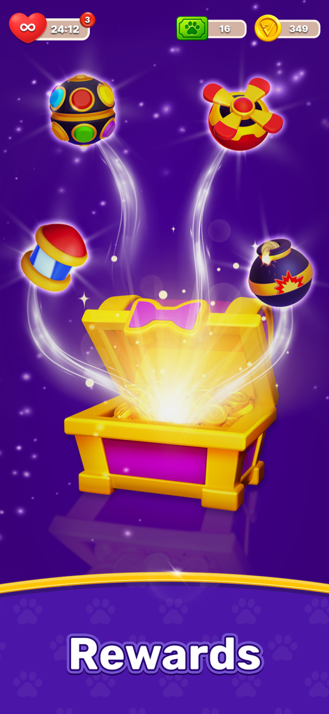 Un cofre del tesoro dorado brillante abriéndose para revelar recompensas de potenciadores del juego