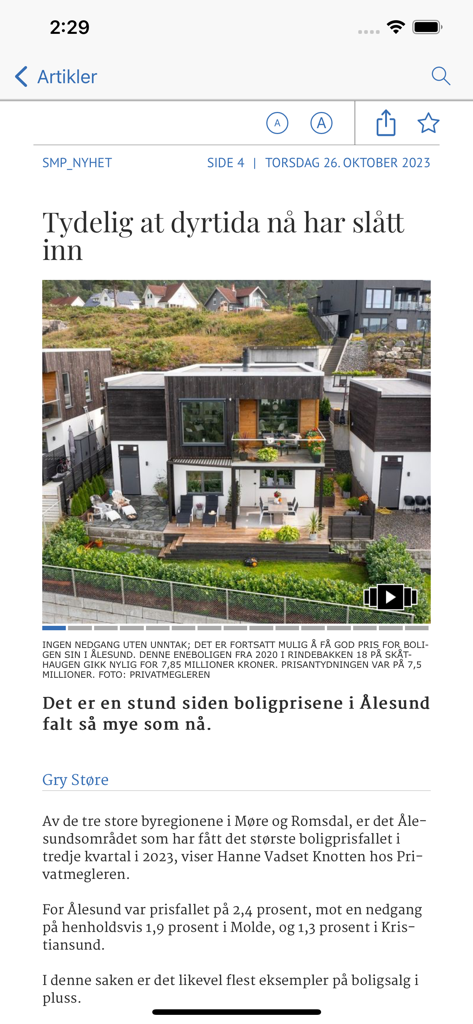 Sunnmørsposten eAvis - Screenshot of a Norwegian news article in the Sunnmorsposten eAvis app about housing prices in Alesund