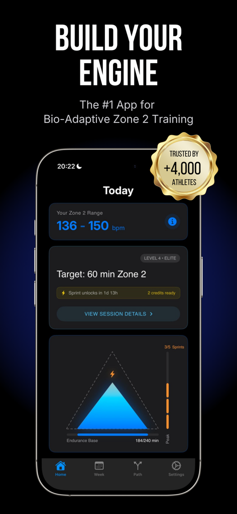 Zone 2 AI: Vo2 Max & Endurance - Schermata principale dell'app mobile Zone 2 AI che mostra intervallo di frequenza cardiaca personalizzato e obiettivi di allenamento di resistenza.