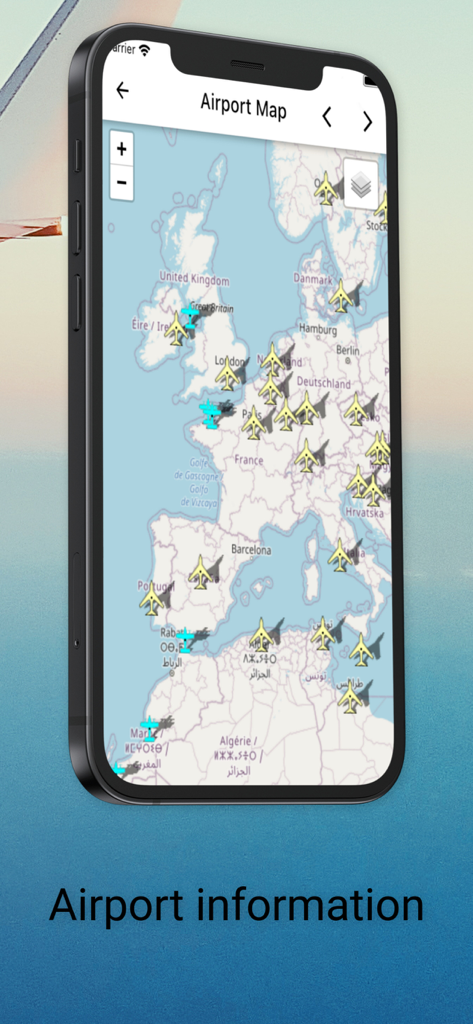 Flight Tracker — Flight Radar - Schermata dello smartphone che visualizza una mappa radar di volo live e una mappa aeroportuale sull'Europa