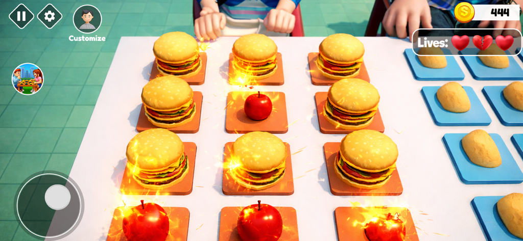Chi Pop Puzzle - Gameplay scene of Chi Pop Puzzle showing burgers and apples being popped on a table
