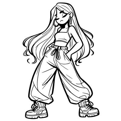 girl in baggy pants crop top and long hair