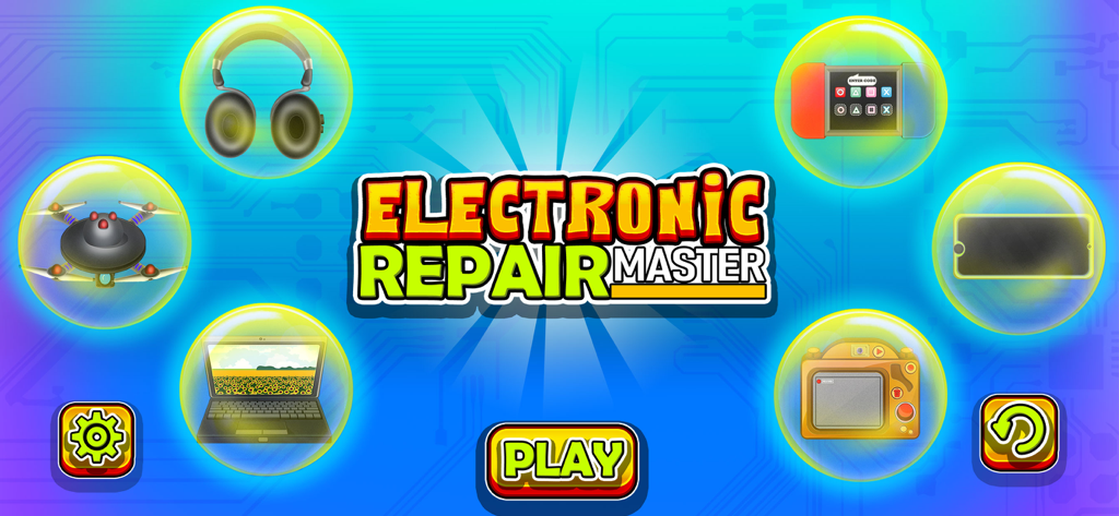 Electronics Repair Master - Menú principal del juego móvil Electronics Repair Master que muestra un botón de reproducción rodeado de dispositivos electrónicos como un portátil, un dron y auriculares.