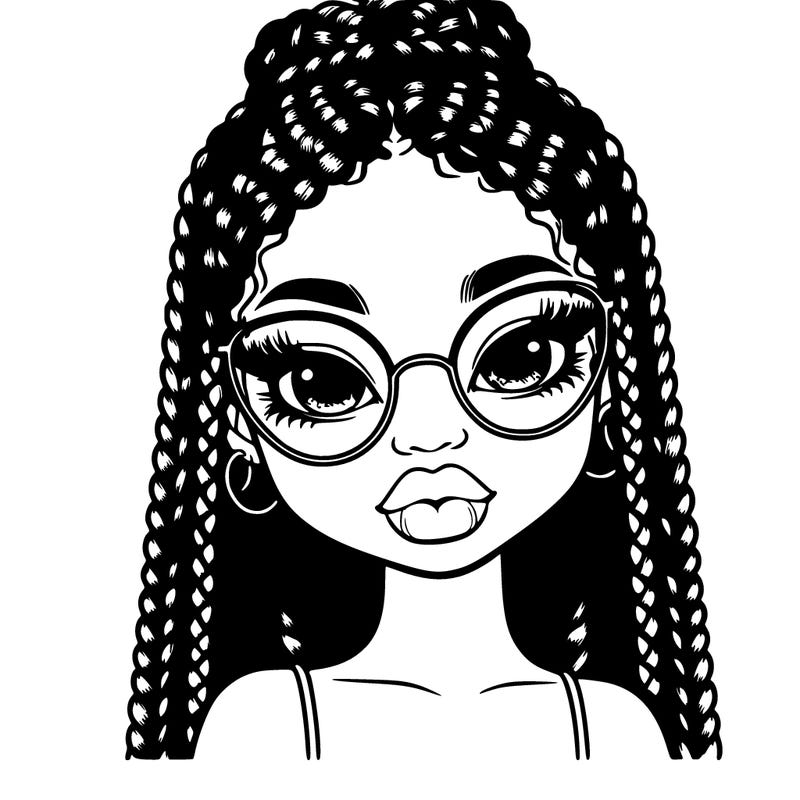 a cute realistic black girl with braids, glasses and big lips