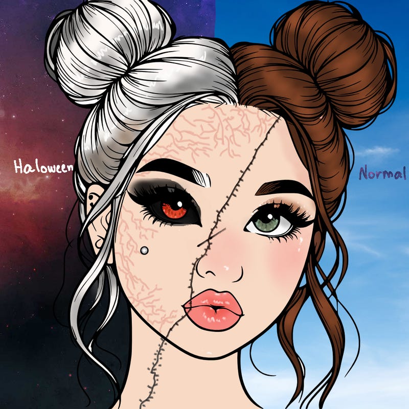 realistic girl with two buns on her hair and lips