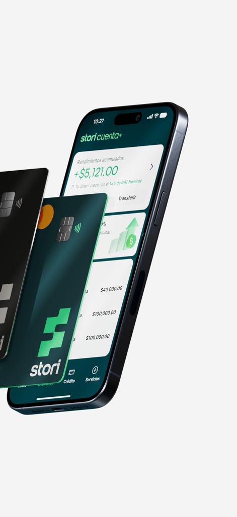 Stori - Crédito y Ahorro - Un smartphone mostrando la interfaz de la aplicación Stori junto a dos tarjetas de crédito físicas de Stori.