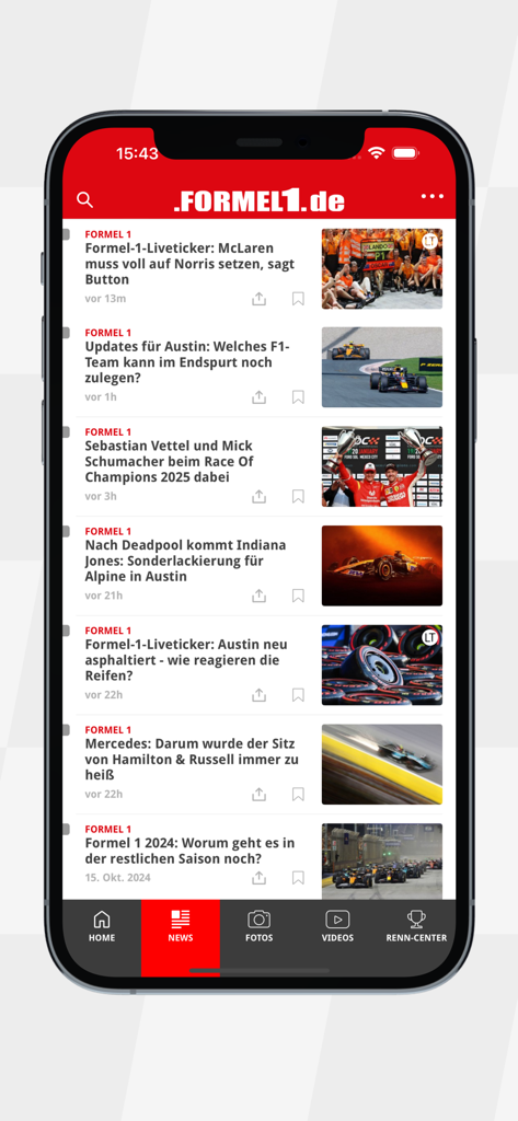 Formel1.de - La section actualités de l'application mobile Formel1.de présente les principaux titres de l'actualité de la Formule 1 et les mises à jour des courses sur iPhone.