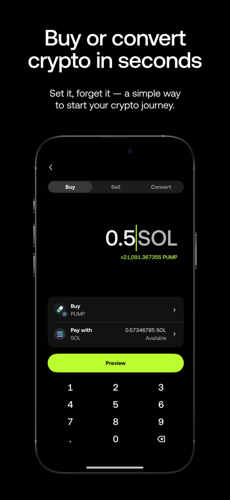 Smartphone-Bildschirm, der die OKX-App-Funktion zum Kaufen und Umwandeln von Krypto für Solana- und PUMP-Token zeigt