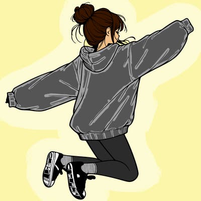 realistic girl jumping with a bun and oversized sweatshirt