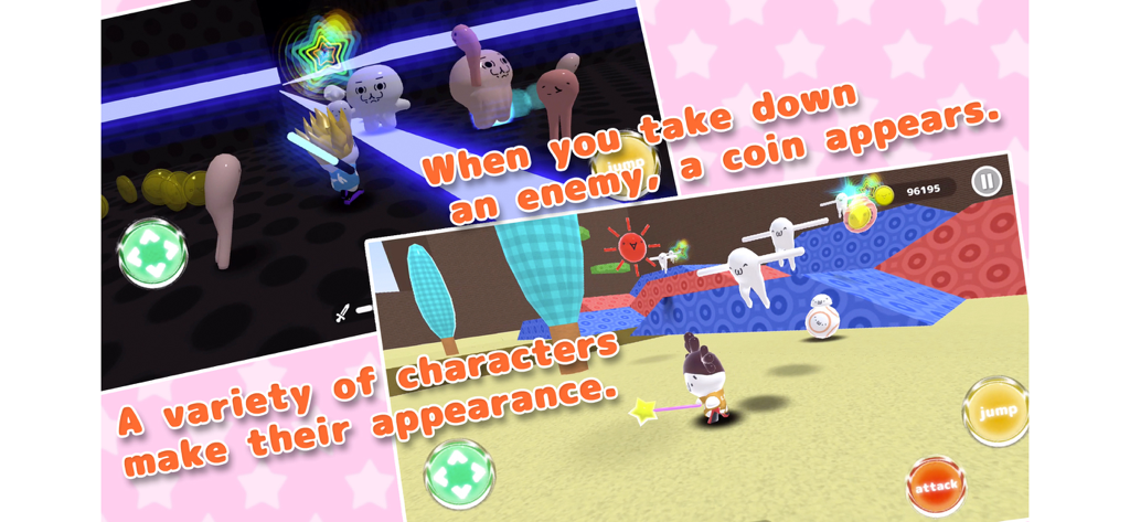 Syobon Chaos World 3D gameplay screenshot showing various cat characters in a 3D environment with coins and action text overlays.