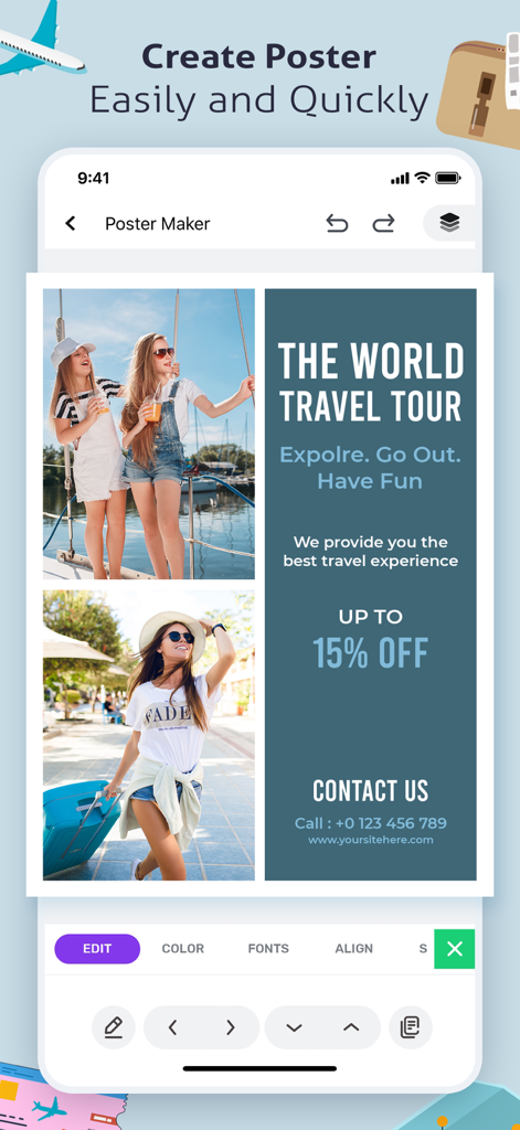 Poster Maker, Flyer Maker - A mobile interface for designing a travel tour poster with custom photos and text
