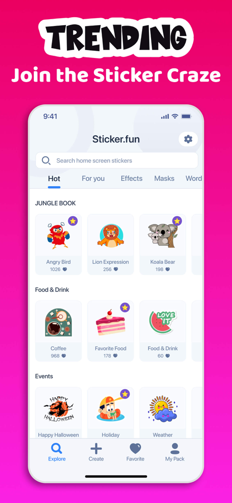 Sticker Maker・Stickers & Emoji - Interfaz de aplicación móvil que muestra categorías de stickers de tendencia que incluyen animales, comida y eventos en un vibrante fondo rosa.